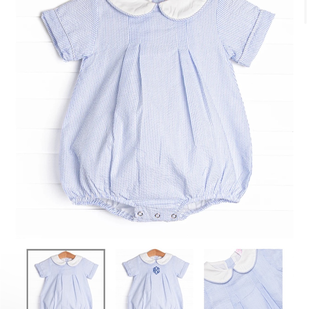 Blue and White Seersucker Bubble with Peter Pan Collar